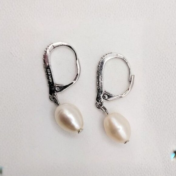 Sterling Silver Freshwater Pearl Leverback Earrings with CZ Accents - Picture 2 of 4